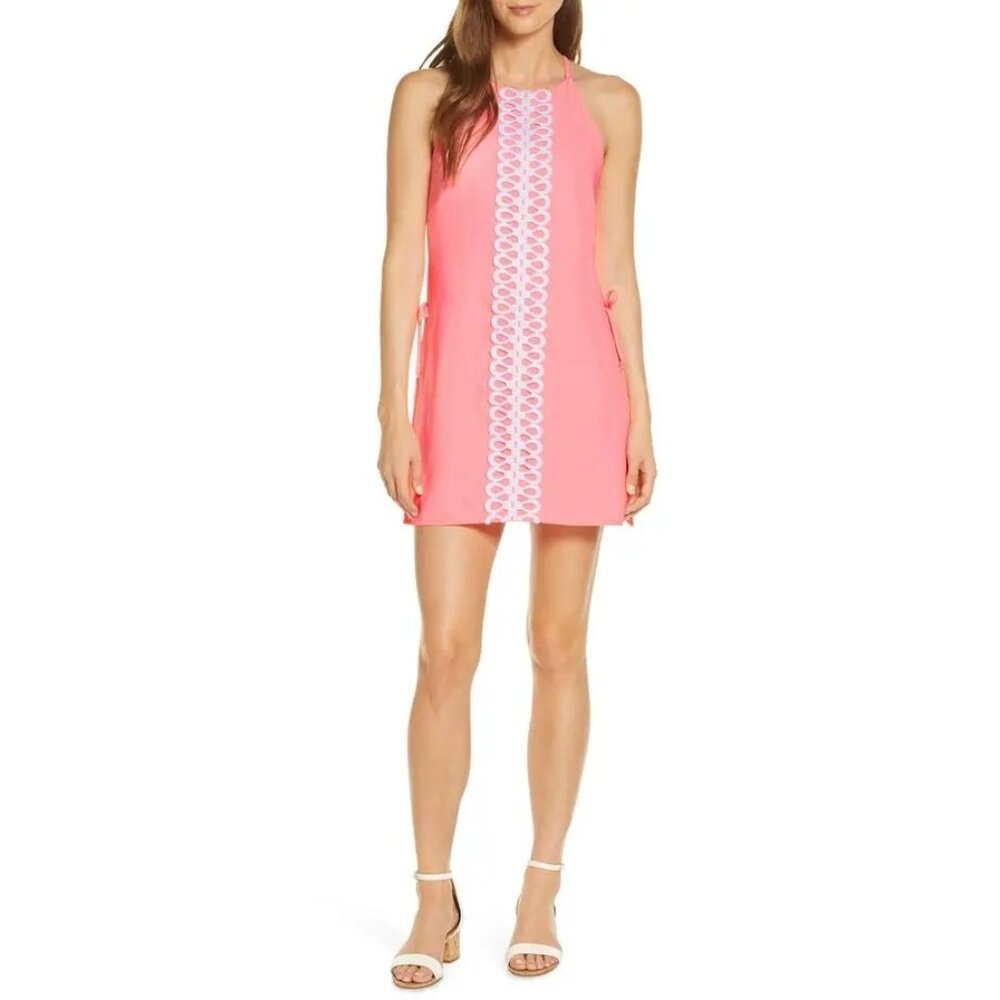 Pink Lily Pulitzer Embroidered Sleeveless Romper Beachy With Side Ties & Back Zi